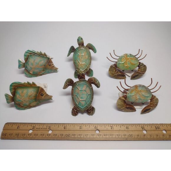 Set of 6 Coastal Beach Green Sea Turtle Fish Crab Nautical Napkin Ring Holders - Picture 1 of 4